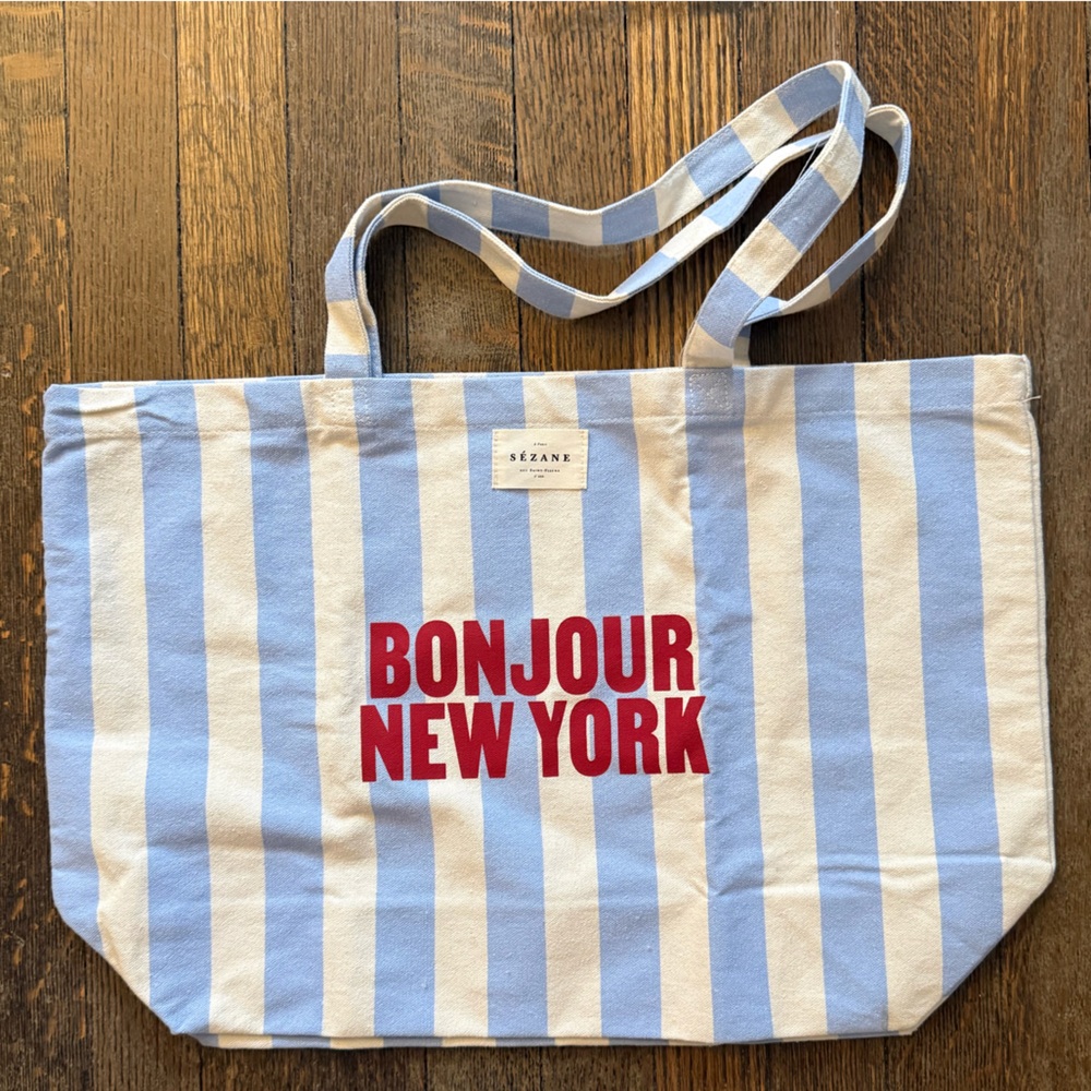 Sezane Blue and White Striped New York Tote